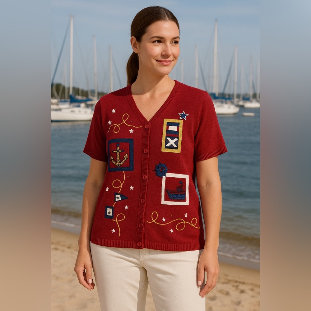 Susan Graver Nautical Short Sleeve Knit Cardigan Sailboat Novelty Sweater‎ Artsy